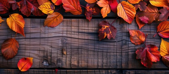 Aufkleber - A wooden background decorated with autumn leaves provides a perfect copy space image