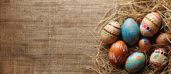 Aufkleber - Easter themed painted eggs creatively arranged on burlap and straw with a copy space image included