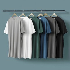 Canvas Print - flat t-shirts on hangers, black, white, gray, blue and green, AI Generative