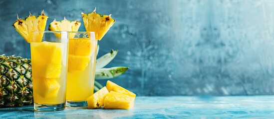 Poster - Pineapple juice and slices on blue backdrop with copy space image