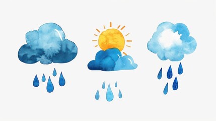 bright and cheerful weather icons in watercolor style, perfect for adding charm to your meteorologyt