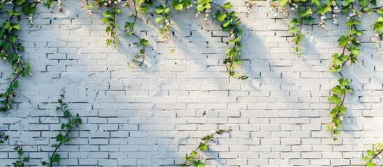 Poster - Old white brick wall adorned with a natural floral border and wild grape vines Suitable for a copy space image
