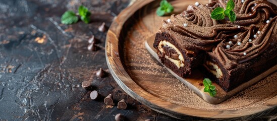 Poster - Wooden dish displaying an elegant chocolate roll cake with copy space image