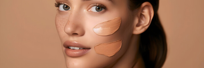 Wall Mural - Woman with swatches of foundation on face against brown background, closeup