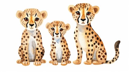 Charming handdrawn cheetahs in watercolor, featuring a mother and her playful baby against a pure white backdrop.