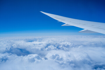 Wall Mural - view from an airplane on a blue sky and white clouds