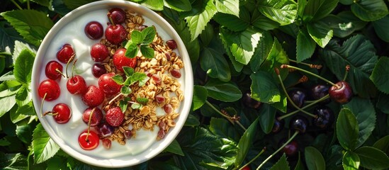 Sticker - Vegetarian breakfast bowl with granola strawberries cherries nuts and yogurt set against a backdrop of green foliage with a copy space image available