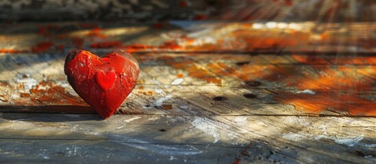 Poster - Rustic Valentine s Day background featuring a handmade red heart on a weathered backdrop with sunrays perfect for adding text or other images. Creative banner. Copyspace image
