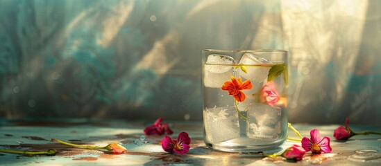 Fototapete - Table with a glass of water and decorative ice cubes with flowers floating in it providing a copy space image