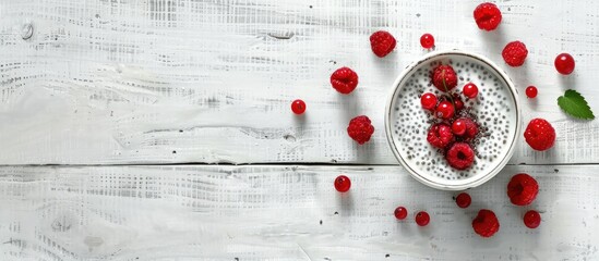 Aufkleber - Vanilla chia pudding with red berries on a white wooden backdrop perfect for a healthy snack concept with space for adding text or other images. Creative banner. Copyspace image
