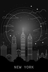 Wall Mural - New York city poster with abstract skyline, horizon and attraction. USA, NYC vector illustration, black and white thin line layout for vertical brochure, website, flyer, presentation, book cover