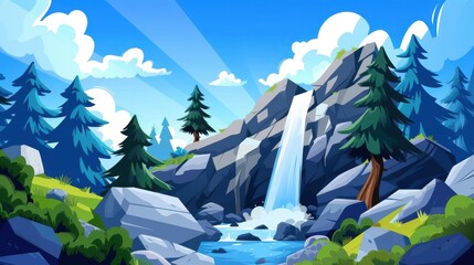 Sticker - A stunning waterfall cascades down rugged cliffs, framed by lush green trees, showcasing natures tranquil charm.