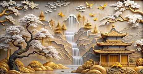 Wall Mural - a concrete wall featuring golden accents, a waterfall, mountains, sakura, and a japanese landscape