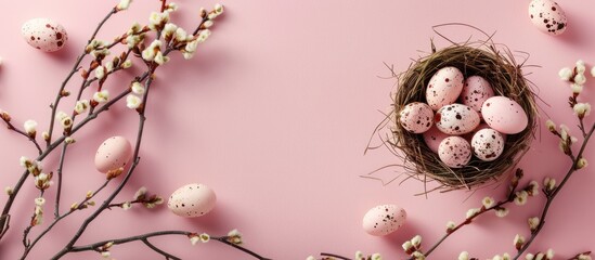 Poster - Easter holiday card featuring a basket of eggs on a pink background adorned with pussy willow twigs with copy space for text Representing a spring themed mockup design with farm fresh healthy food in