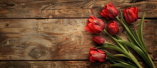 Poster - Red tulips resting on a vintage wooden surface provide a lovely composition in a rustic setting perfect for a copy space image