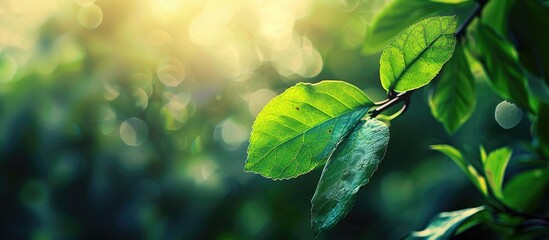 Aufkleber - A nature themed photograph featuring a vibrant green leaf set against a softly blurred background with gentle sun rays providing a suitable copy space image