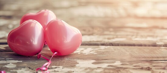 Aufkleber - Heart shaped pink balloons on a wooden surface for display featuring copy space image
