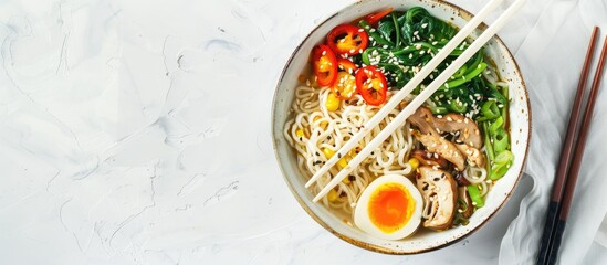 Sticker - A vegetarian ramen bowl with chopsticks on a bright table leaving room for writing next to a copy space image