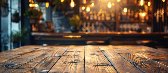 Poster - Wooden table in a bar restaurant with a menu frame for text marketing promotions and a copy space image