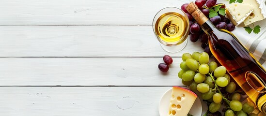 Wall Mural - Top down view of a white wine bottle grapes cheese and a wineglass arranged on a white wooden surface with ample copy space in the image