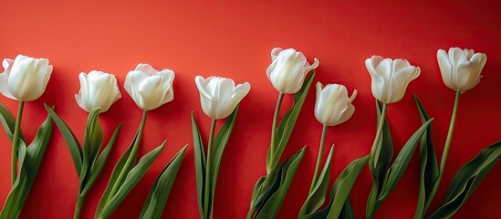 Poster - Top view of white tulips on a colored backdrop with copy space image