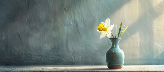 Poster - A single daffodil in a vase set against a blank wall perfect copy space image