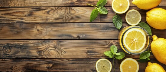 Poster - Wooden background with fresh lemonade composition featuring copy space image