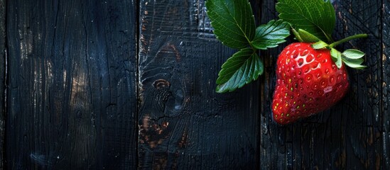 Aufkleber - Top view of a ripe strawberry with leaves on a dark wooden surface ideal for a copy space image