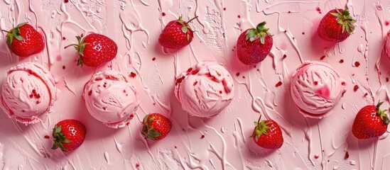 Poster - Top view of strawberry ice cream with a textured background perfect for design with copy space image