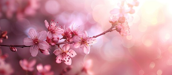 Poster - Spring themed template featuring a twig of pink sakura flowers on a blurred pink backdrop with selective focus for a copy space image