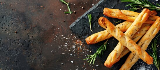 Sticker - Italian breadsticks seasoned with rosemary and salt on a dark brown stone surface captured from above leaving room for additional content such as a copy space image