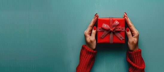 Poster - Top view of female hands holding a red gift box on a blue background ideal for text placement with a holiday theme. Creative banner. Copyspace image