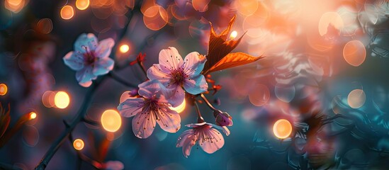 Leinwandbilder - Nighttime cherry blossom strobe photography with copy space image