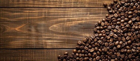 Aufkleber - A wooden background with coffee beans displayed and space for text or images. Creative banner. Copyspace image