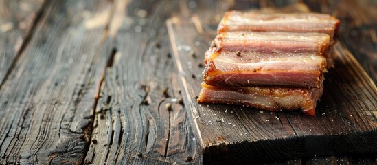 Poster - Uncooked pork belly slices on a wooden table for Chinese New Year dishes with space for text or images. Creative banner. Copyspace image