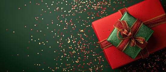 Fototapete - Festive red and green background with a gift box for your design ideal for a happy new year holiday concept featuring copy space image