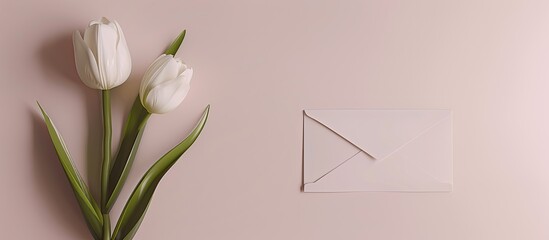 Aufkleber - Sleek mockup featuring a white tulip and a craft envelope on a plain background with a flat lay perspective and top view ideal for design with copy space image
