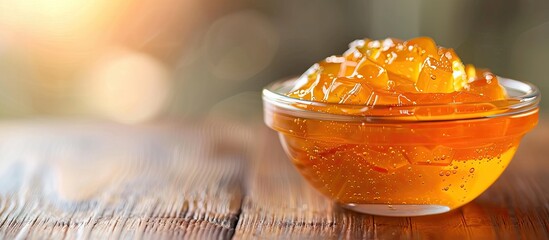 Aufkleber - Orange jelly in a bowl on a tabletop with ample copy space for adding text to the image
