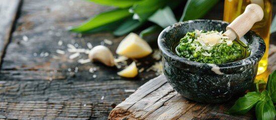 Poster - A mortar with wild leek pesto olive oil and parmesan cheese placed on a wooden table alongside information on the beneficial qualities of ramson Copy space image