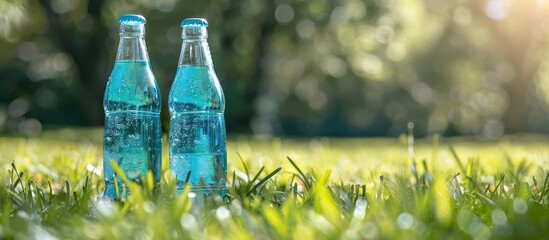 Wall Mural - In a summer park there is a panoramic view of glass bottles of Blue Isotonik drink placed on the grass as a healthy lifestyle option with copy space for text or images