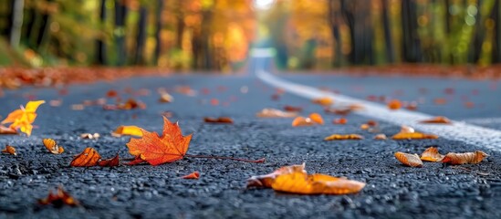 Fototapete - Fall foliage scattered on the road with a copy space image