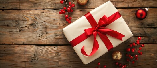 Leinwandbilder - Festive photo of a bright Christmas gift box wrapped in parchment paper with a red ribbon displayed on a wooden table with various decorations offering a delightful copy space image