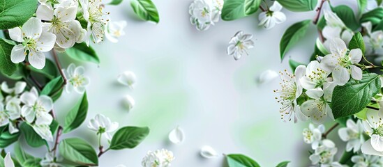 Poster - Abstract floral border with green leaves and white flowers on a spring blossom background with copy space image