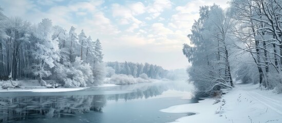 Aufkleber - Winter landscape with lovely trees and river covered in snow ideal for a copy space image