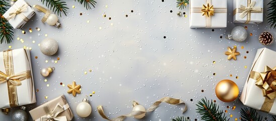 Fototapete - Festive winter background featuring a white Christmas frame with gift boxes silver and gold ornaments confetti and ample copy space image