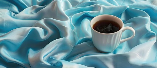 Aufkleber - Morning scene with a white cup of black coffee set against a blue textile background ideal for a copy space image