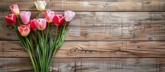 Poster - Tulips bouquet on rustic wooden backdrop for copy space image