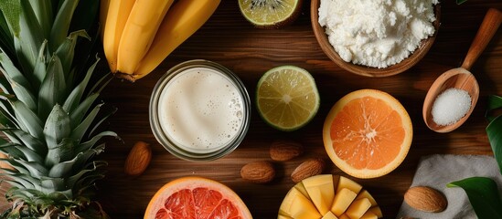 Poster - Ingredients for a tropical smoothie with room for a copy space image