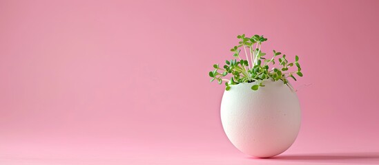 Fototapete - Easter themed image with green sprouts in a white egg against a pink background providing ample copy space