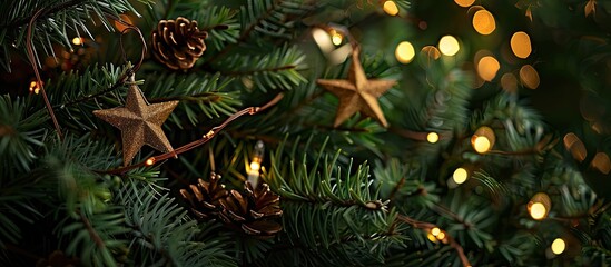 Poster - A festive scene features brown stars on a fir tree backdrop with glowing garland lights creating a charming copy space image